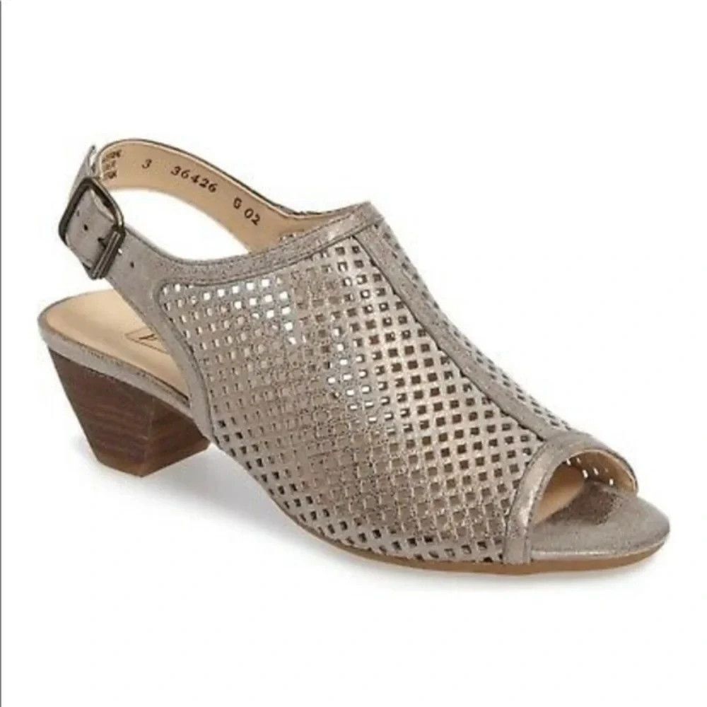PAUL GREEN Lois Perforated Metallic Pewter Sling Back Sandals 38 (US 7.5)